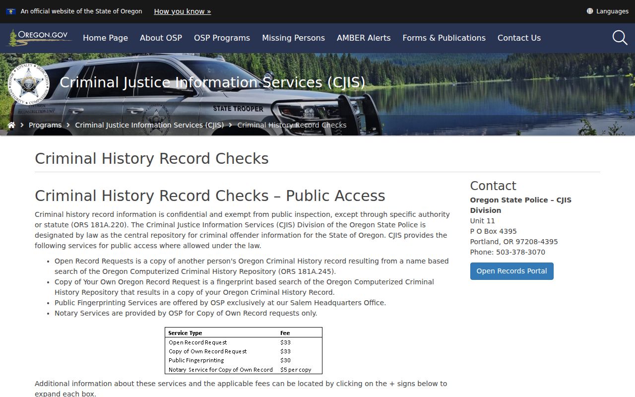 Oregon State Police criminal history products and request options