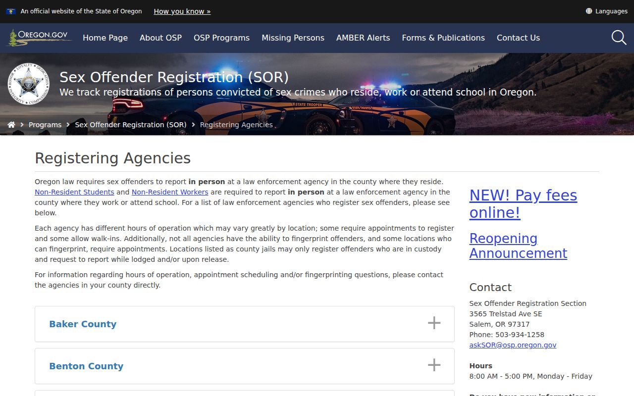 Oregon State Police registering agencies information for Douglas County